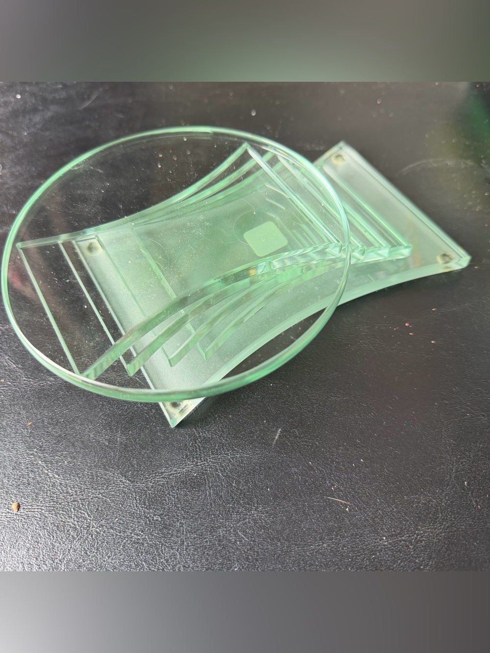 Partylite Tiered Stratus Green Glass Pillar Candle Holder Art Deco Modern